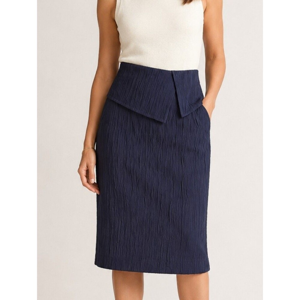 M.M.LaFleur Montgomery Skirt Size 12 Navy Quiet Luxury Pleated Pencil Midi